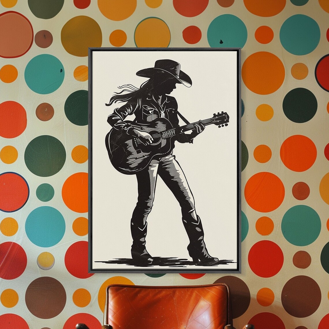 Cowgirl Guitarist Silhouette Country Music Retro Western Art Print - Image 4