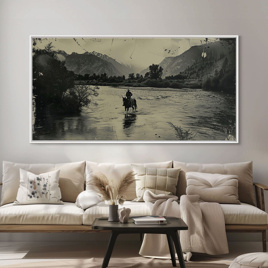 Cowboy Crossing River On Horseback Mountain Valley Sepia Western Print - Image 5