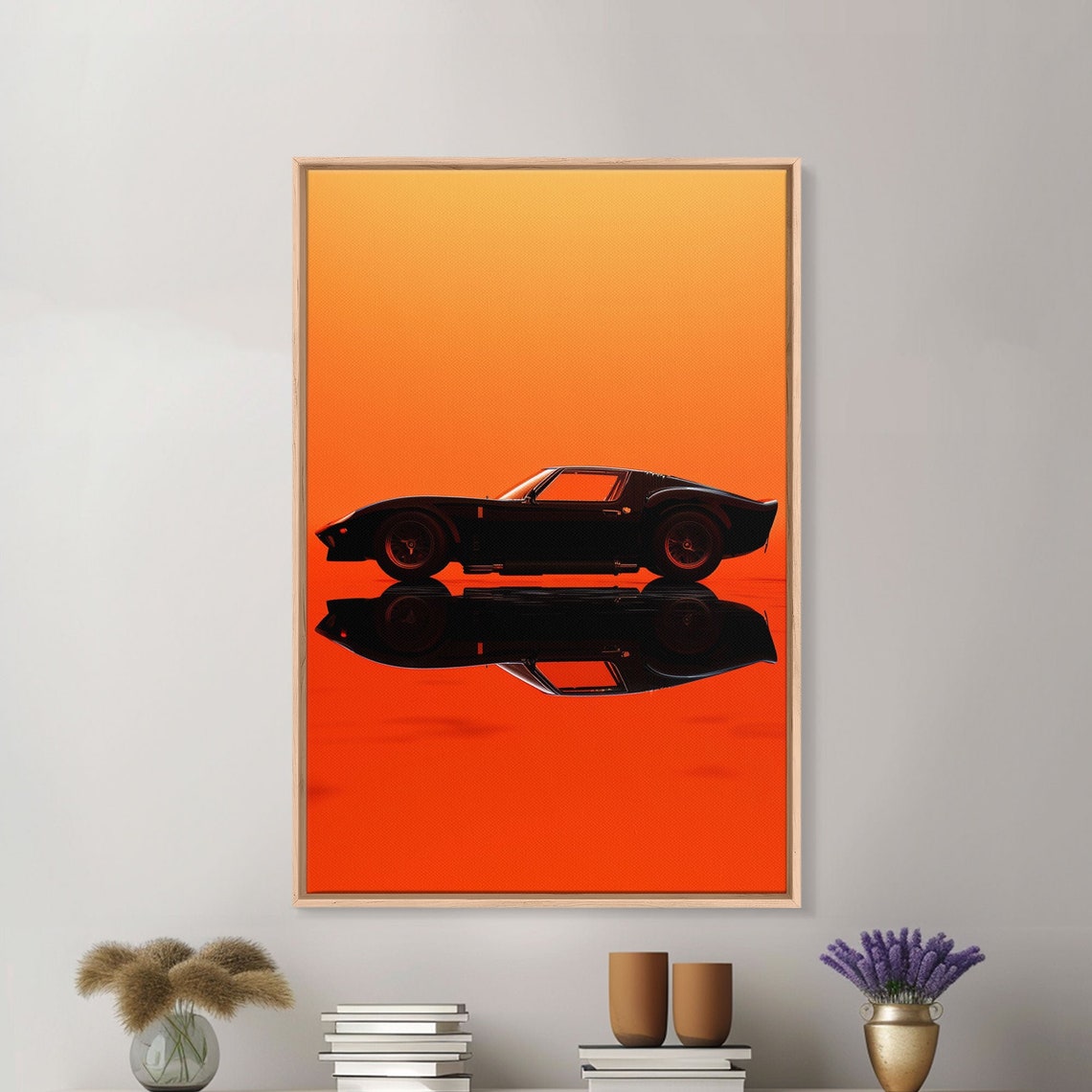 Vintage Muscle Car Silhouette Orange Reflection Sunset Wall Art - Image 3