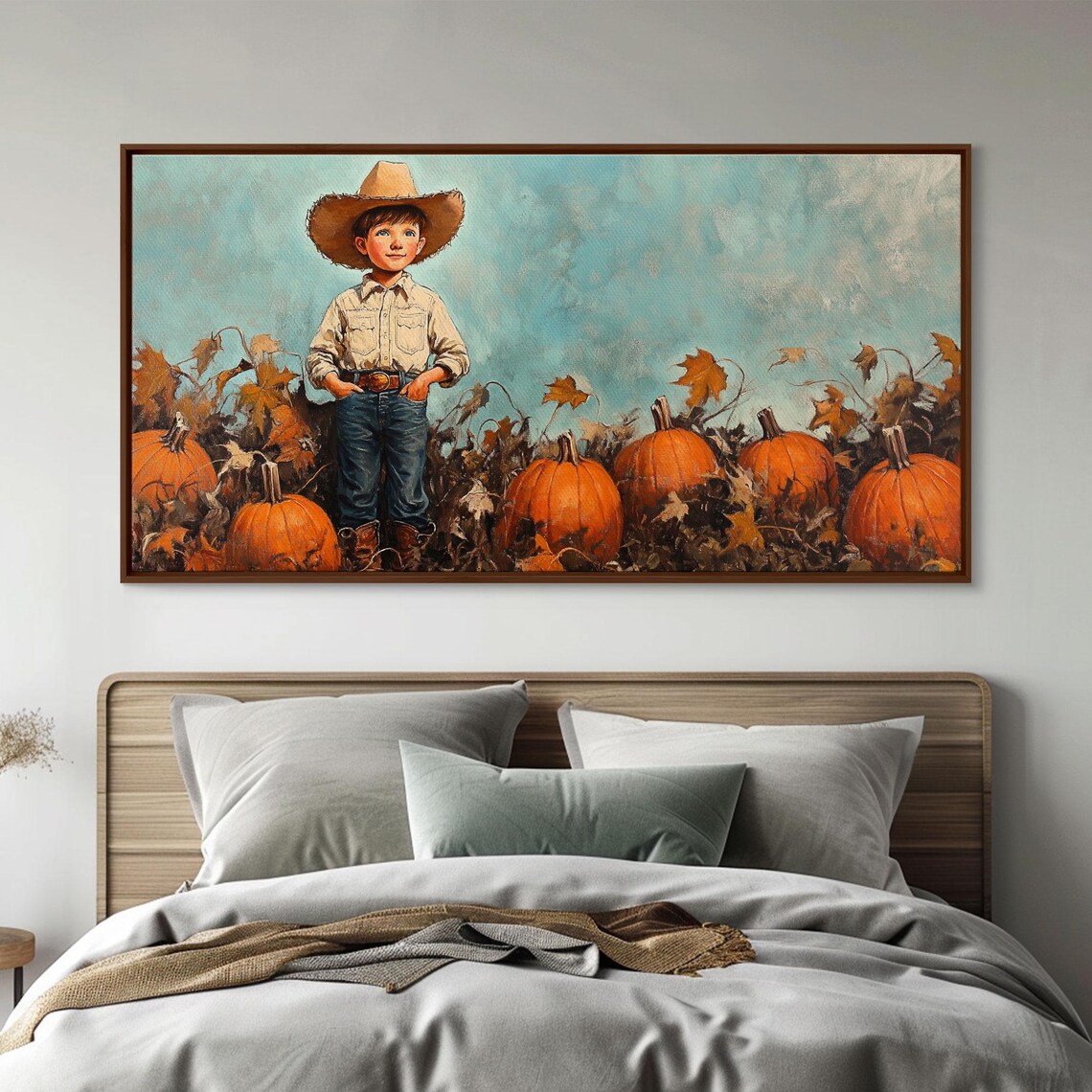 Little Cowboy In Big Hat Standing Among Pumpkins Fall Patch Retro Poster - Image 4