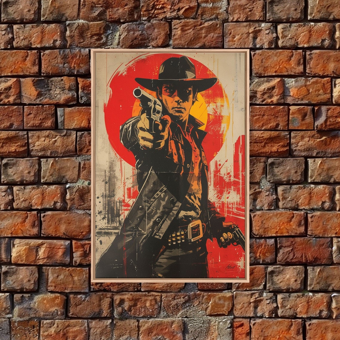 Wild West Cowboy Pointing Revolver Poster with Bold Red Sun Design - Image 5