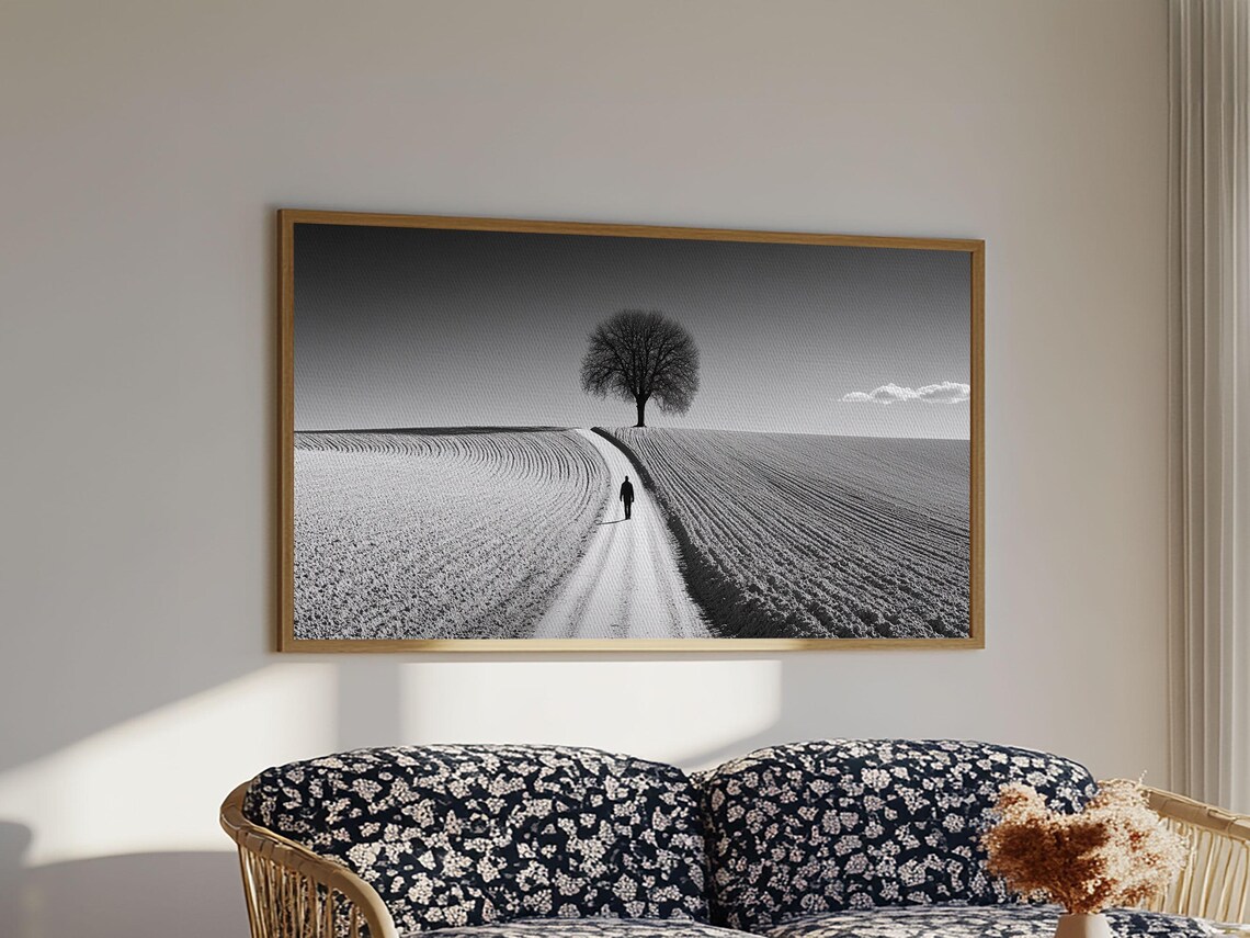 Black And White Lone Tree Country Road Field Minimalist Photo Print
