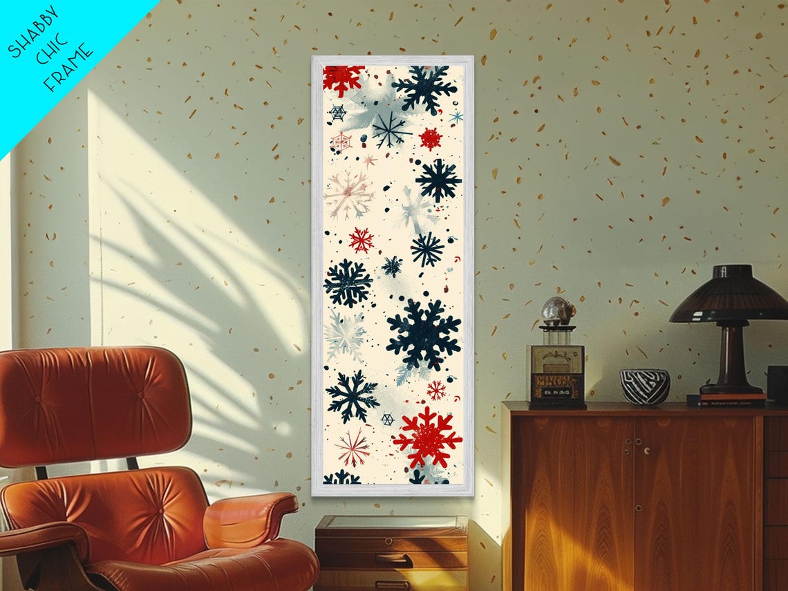 Festive Red And Navy Snowflakes On Cream Midcentury Style Art Poster - Image 6