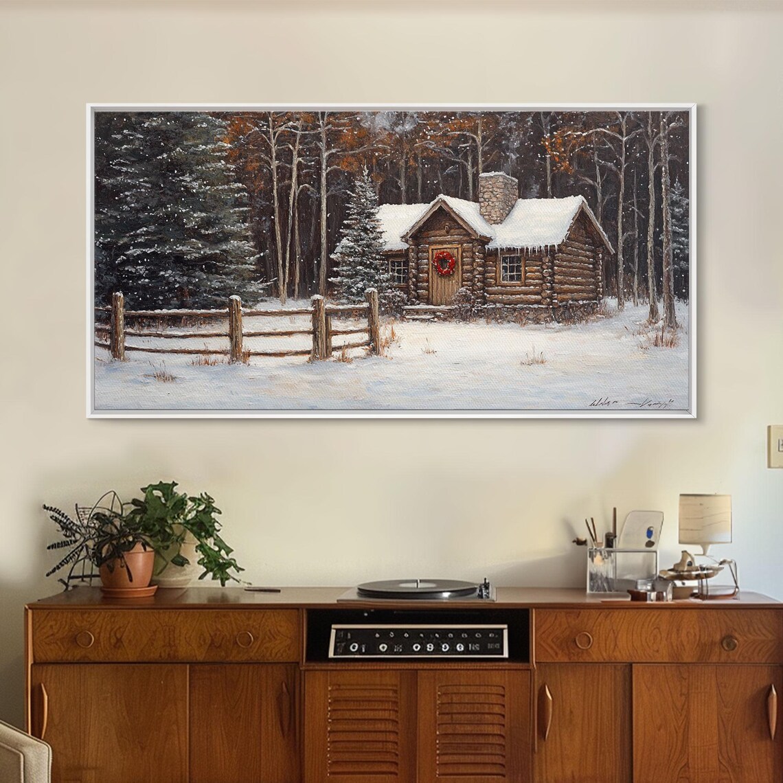 Snowy Log Cabin Christmas Art Print, Rustic Holiday - Image 5