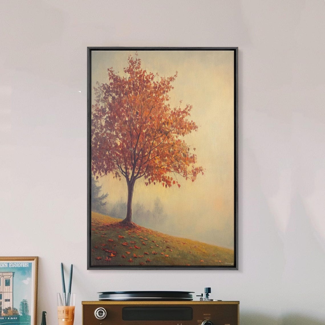 Solitary Fall Tree Orange Leaves Misty Hillside Serene Autumn Wall Art - Image 3