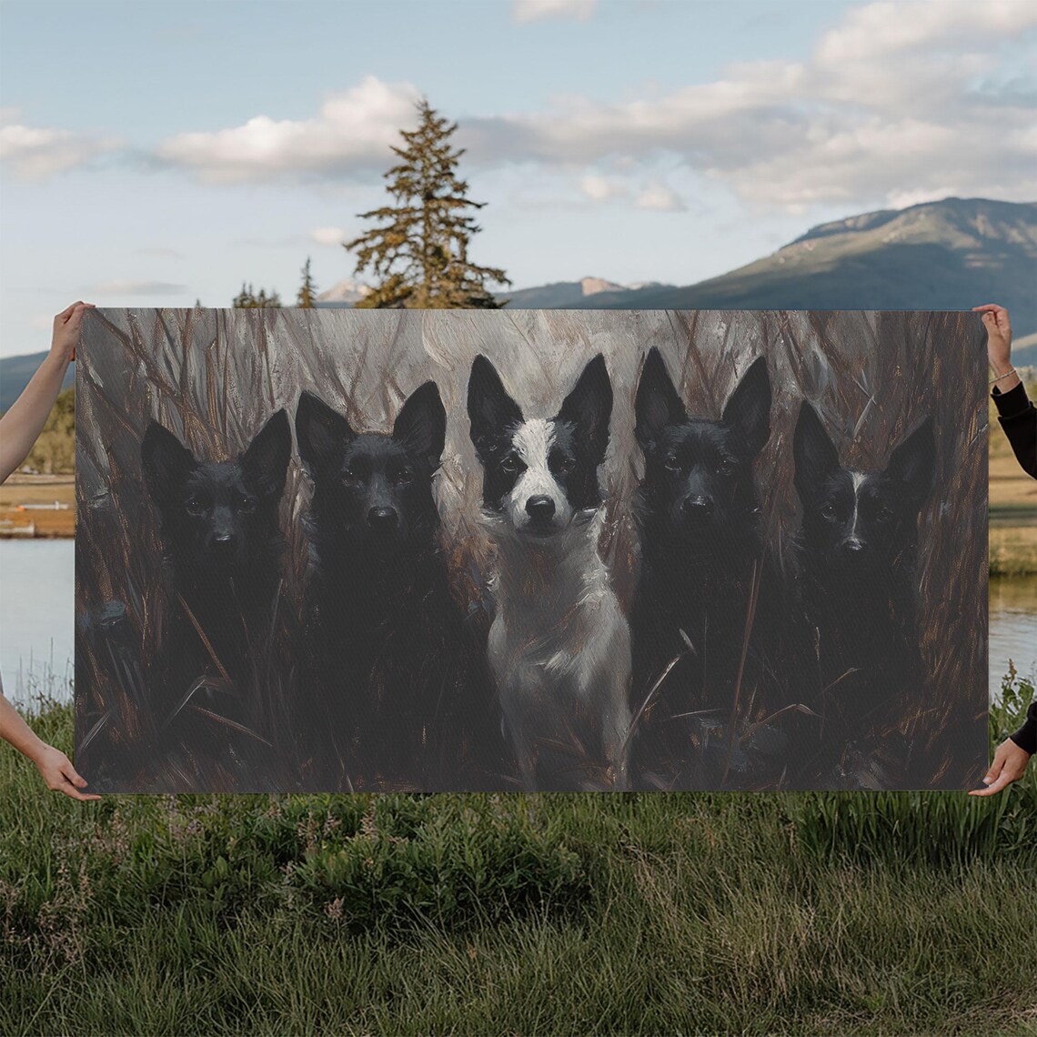 Five Black Hunting Dogs Pack Tall Grass Oil Painting Wall Art - Image 5