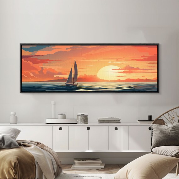 Sailboat Sunset Orange Sky Teal Ocean Retro Nautical Illustration Poster