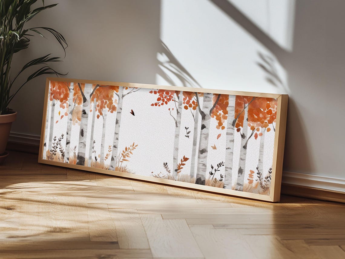 Birch Trees Orange Autumn Leaves Watercolor Panoramic Fall Wall Poster - Image 4