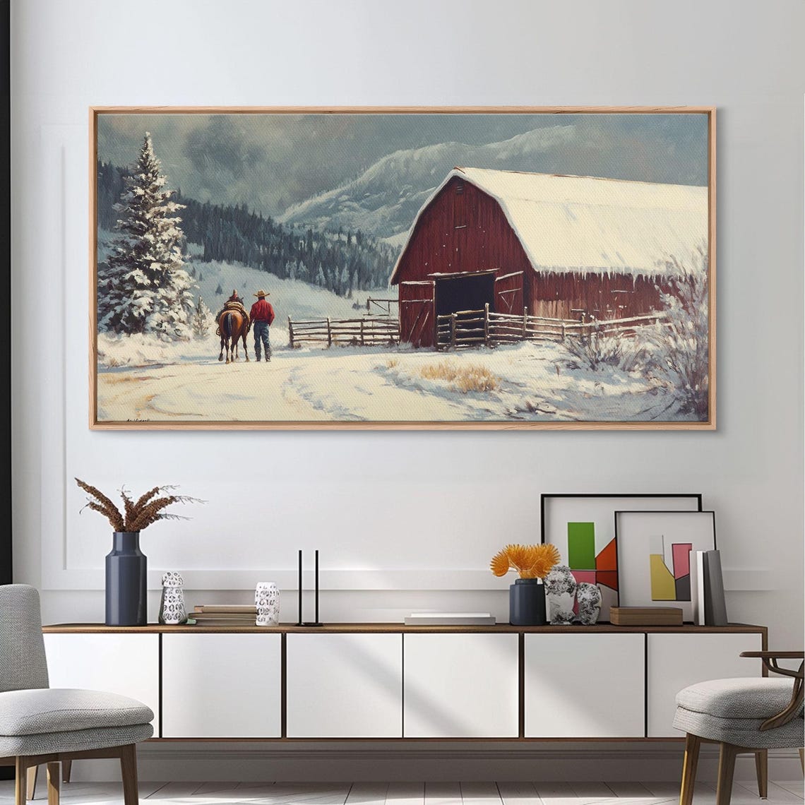 Cowboy With Horse Walking To Snowy Red Barn Winter Morning Poster - Image 5