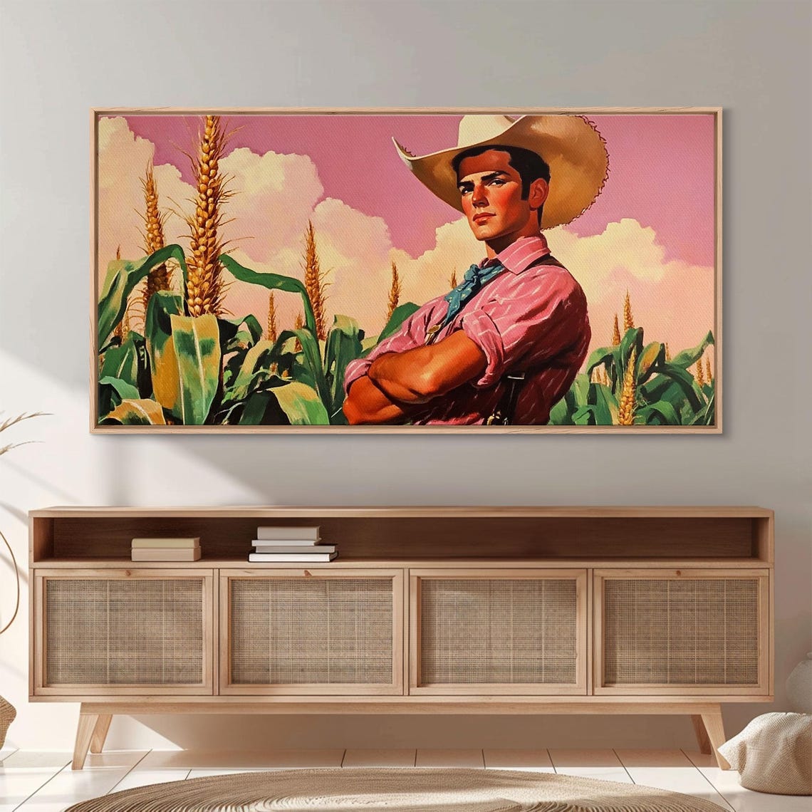 Surreal Cowboy Art Farmer Amongst The Corn Framed Print Farmhouse Pop Art Rustic Boho Style 1950s Retro Art - Image 6