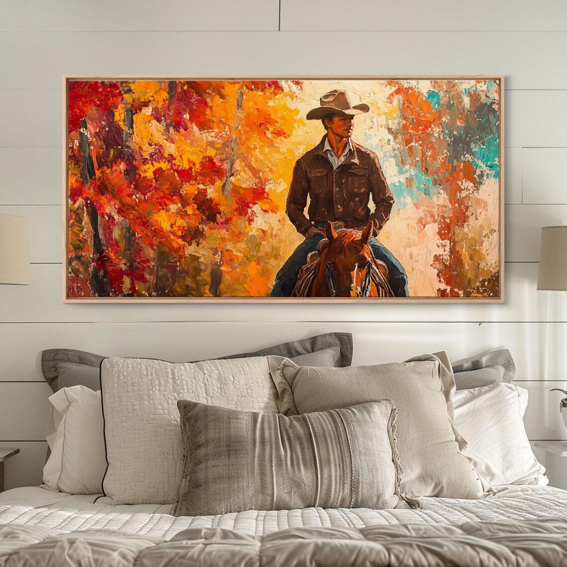 Cowboy On Horseback Against A Fiery Abstract Autumn Sky Art Print - Image 3