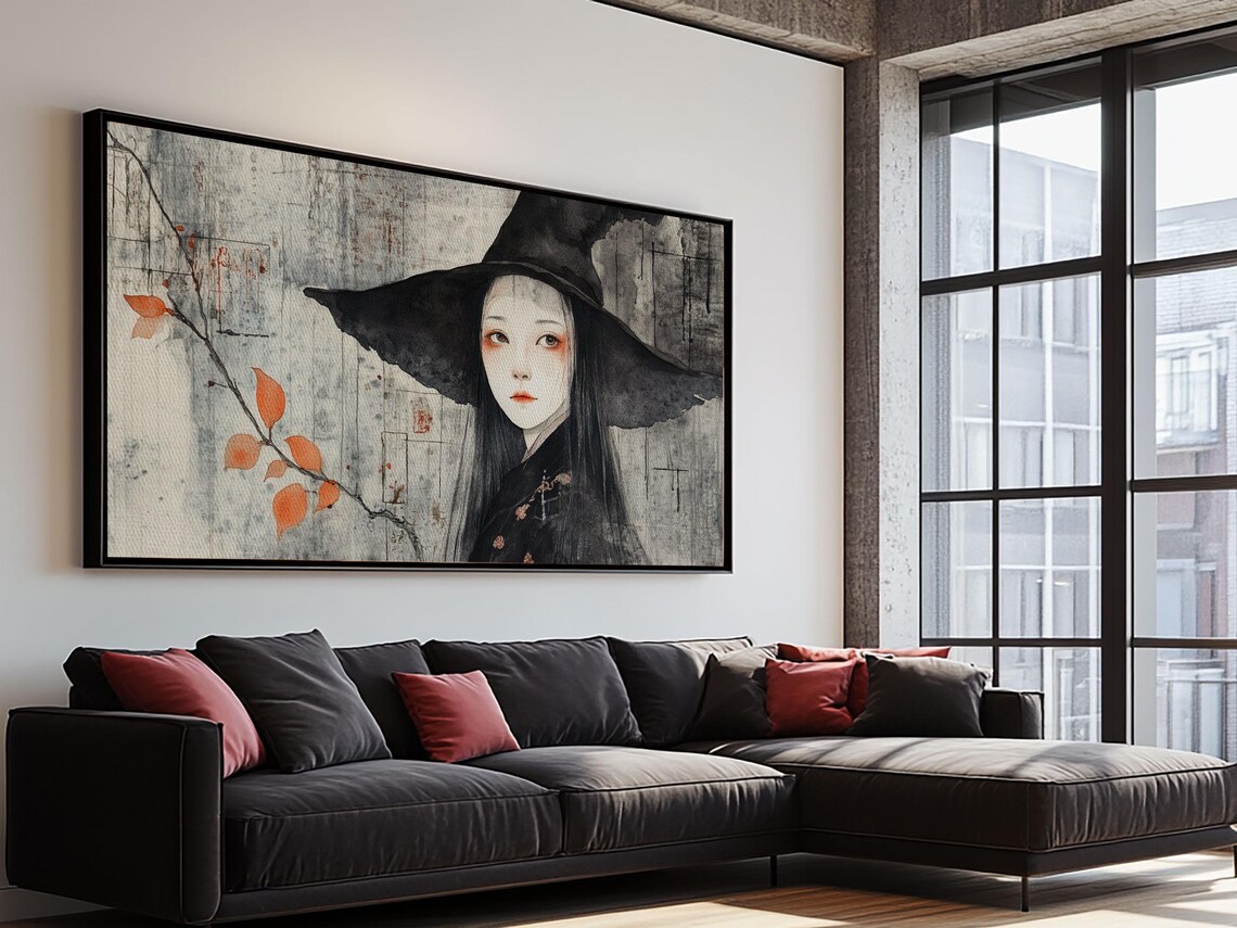 Wabi Sabi Witch Portrait Panoramic Japanese Ink Wash Framed Artwork Poster - Image 2