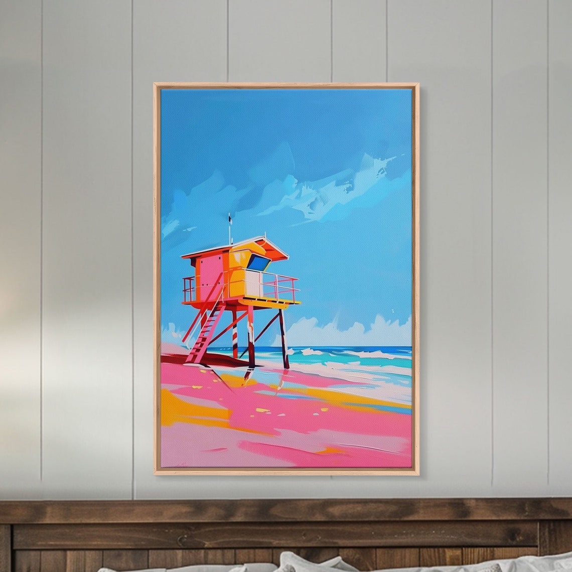 Colorful Lifeguard Tower On Sunny Pink Beach Coastal Wall Art - Image 4