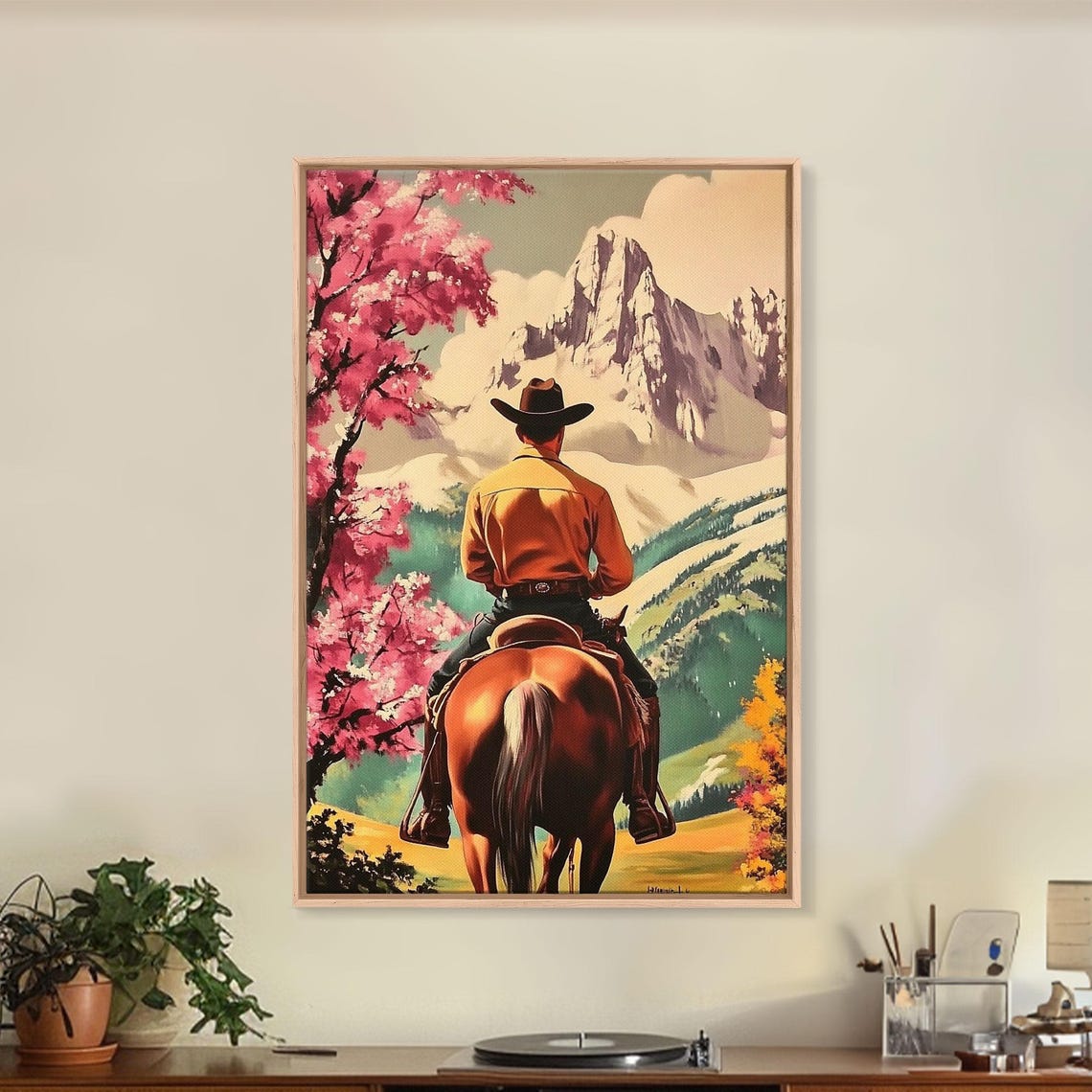 Cowboy Riding Past Pink Flowering Trees Rocky Mountain Meadow Poster - Image 4