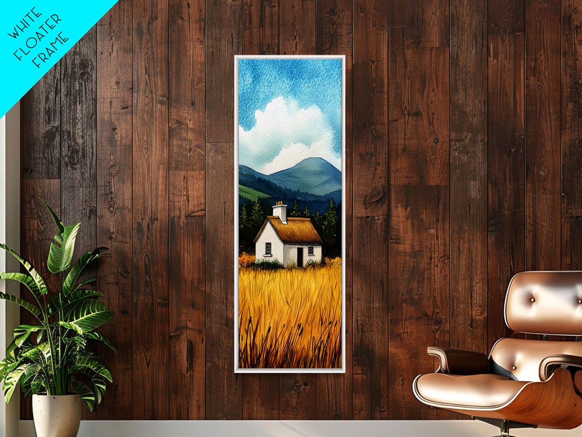White Cottage in Golden Wheat Field Mountains Blue Sky Wall Art - Image 4