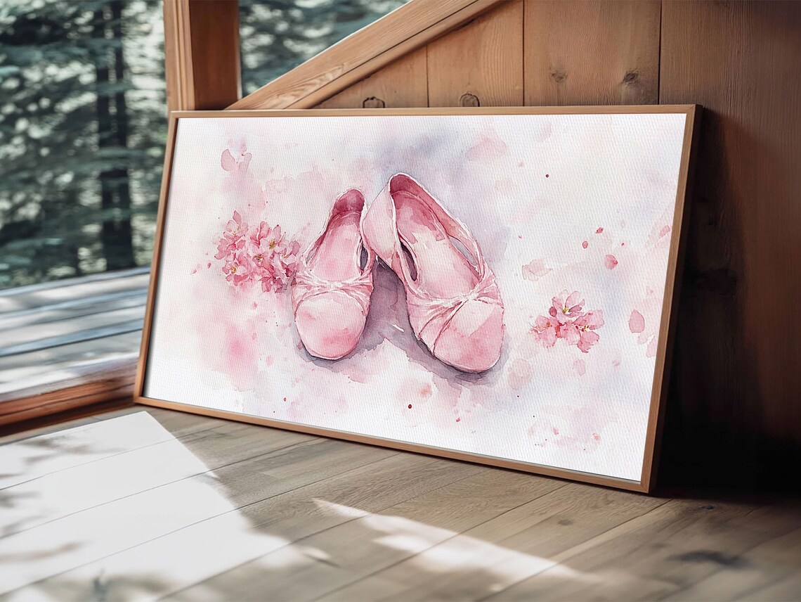 Pink Ballet Shoes Framed Print Whimsical Cottagecore Wall Art With Cherry Blossoms Light Pink Dorm Art Gift Idea - Image 2