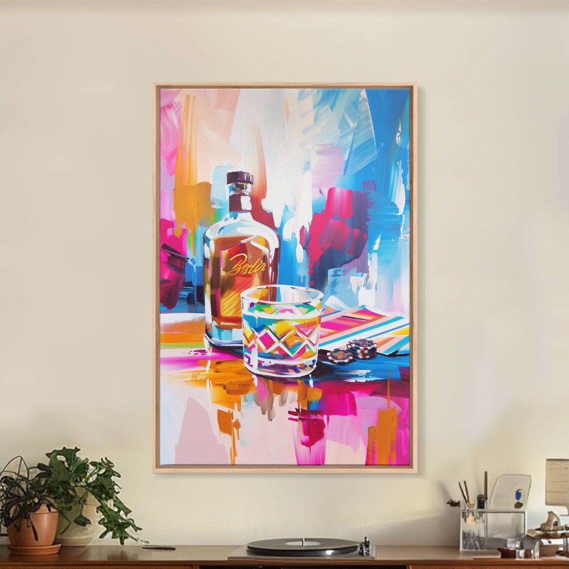 Colorful Whiskey Bottle And Rocks Glass Modern Bar Decor Wall Art