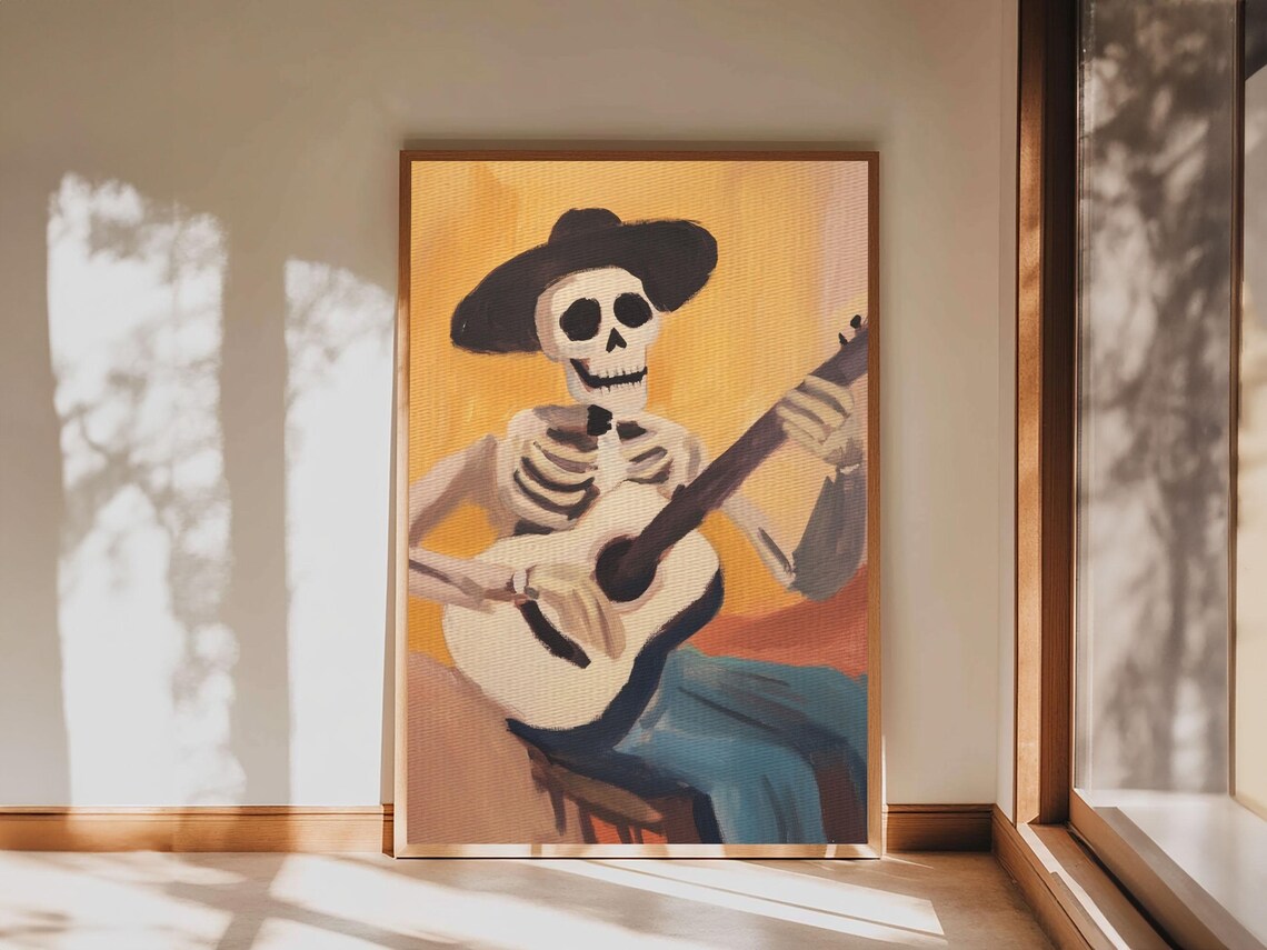 Skeleton Cowboy Playing Guitar Folk Art Warm Yellow Day Of Dead Art Poster - Image 4