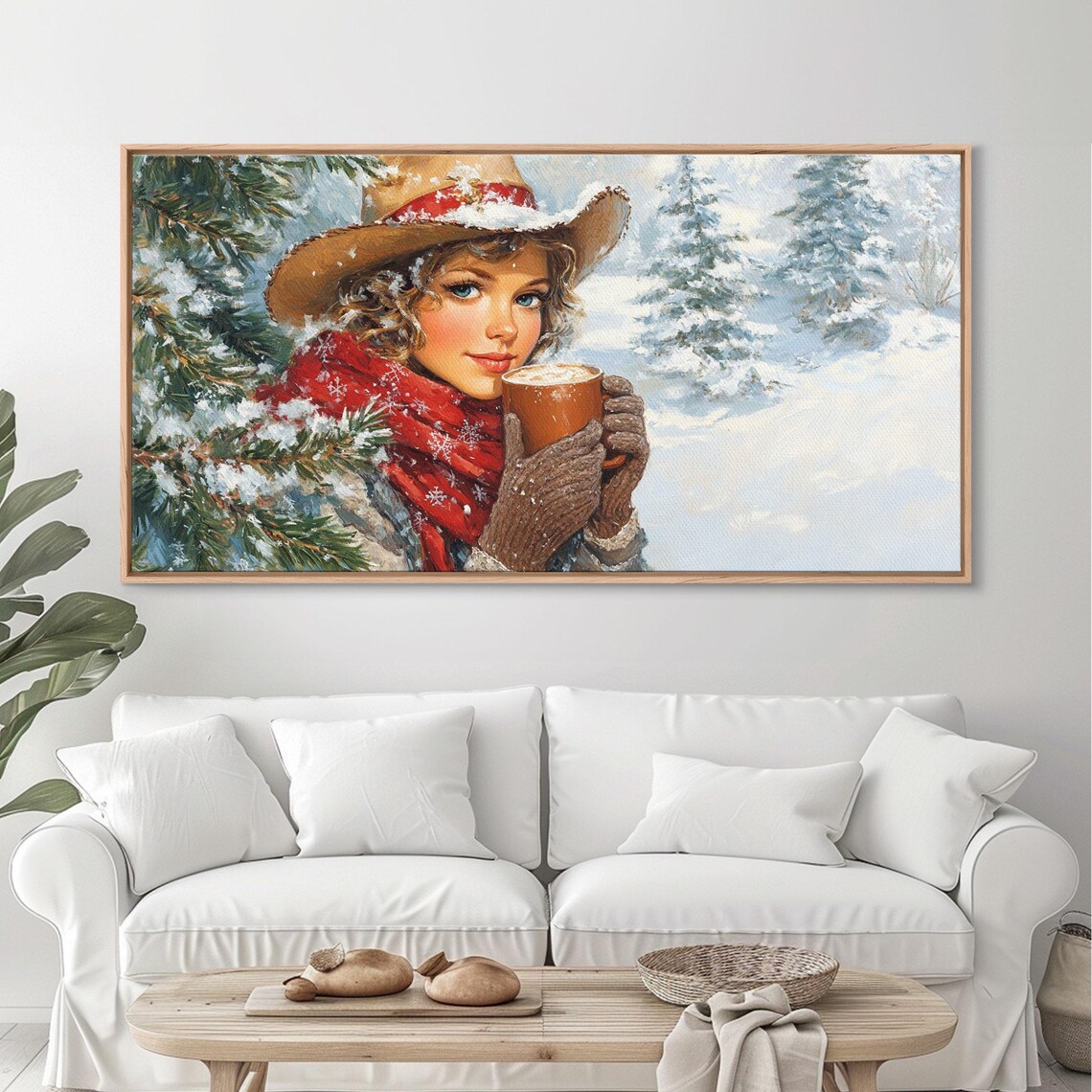 Young Cowgirl Sipping Cocoa In Snowy Pine Forest Winter Cozy Poster