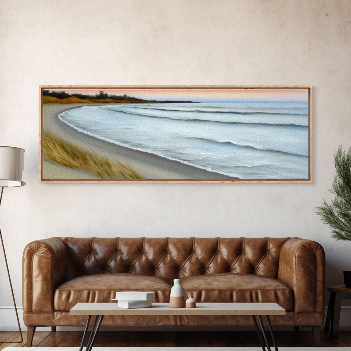 Minimalist Beach Cove Pastel Waves Sandy Shoreline Serene Art Poster