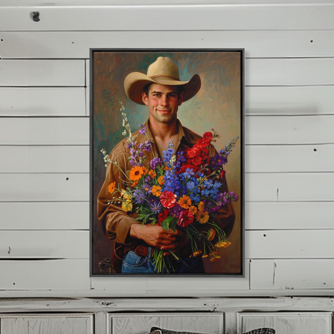 Handsome Cowboy Holding Wildflower Bouquet Western Art Poster - Image 5
