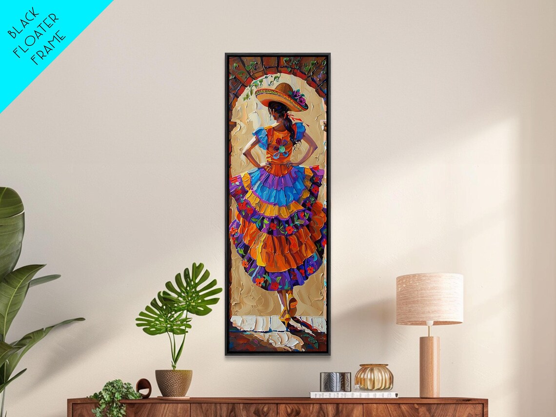 Mexican Dancer In Colorful Ruffled Dress And Sombrero Impasto Wall Art - Image 3