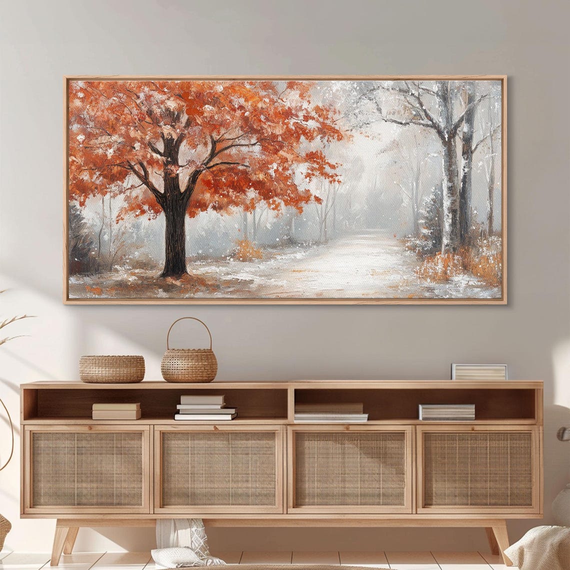 Misty Forest Path Orange Leaves Snowy Ground Fall Walk Poster - Image 3