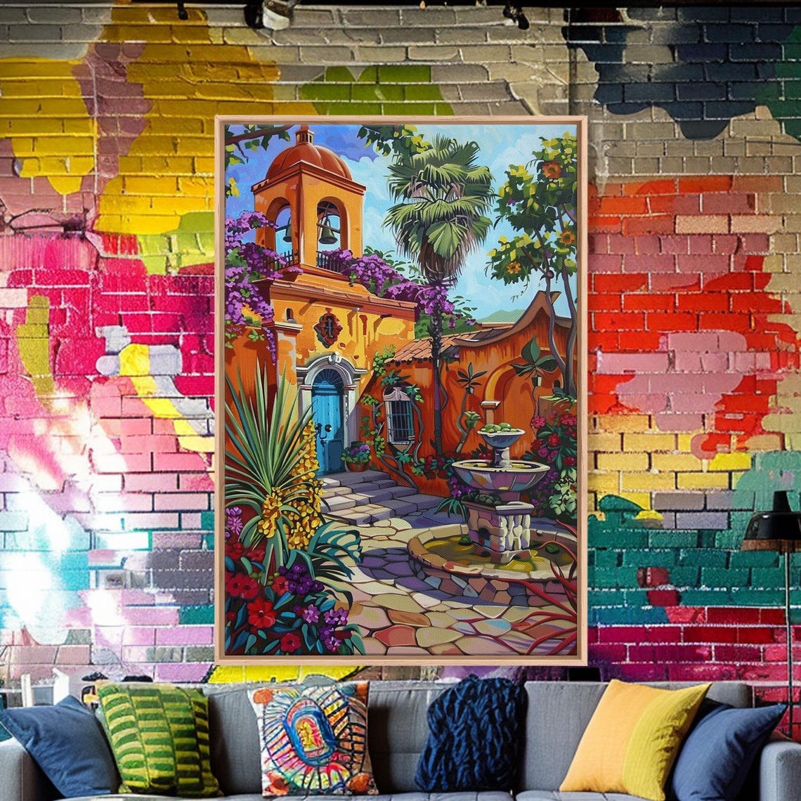 Vibrant Mexican Style Architecture Framed Print Tall Art Featuring Colorful Homes And Nature - Image 2