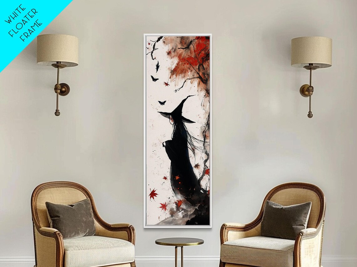 Autumn Witch Among Red Maple Leaves Bats Gothic Halloween Art Poster