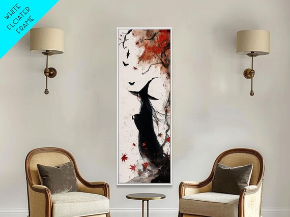 Autumn Witch Among Red Maple Leaves Bats Gothic Halloween Art Poster