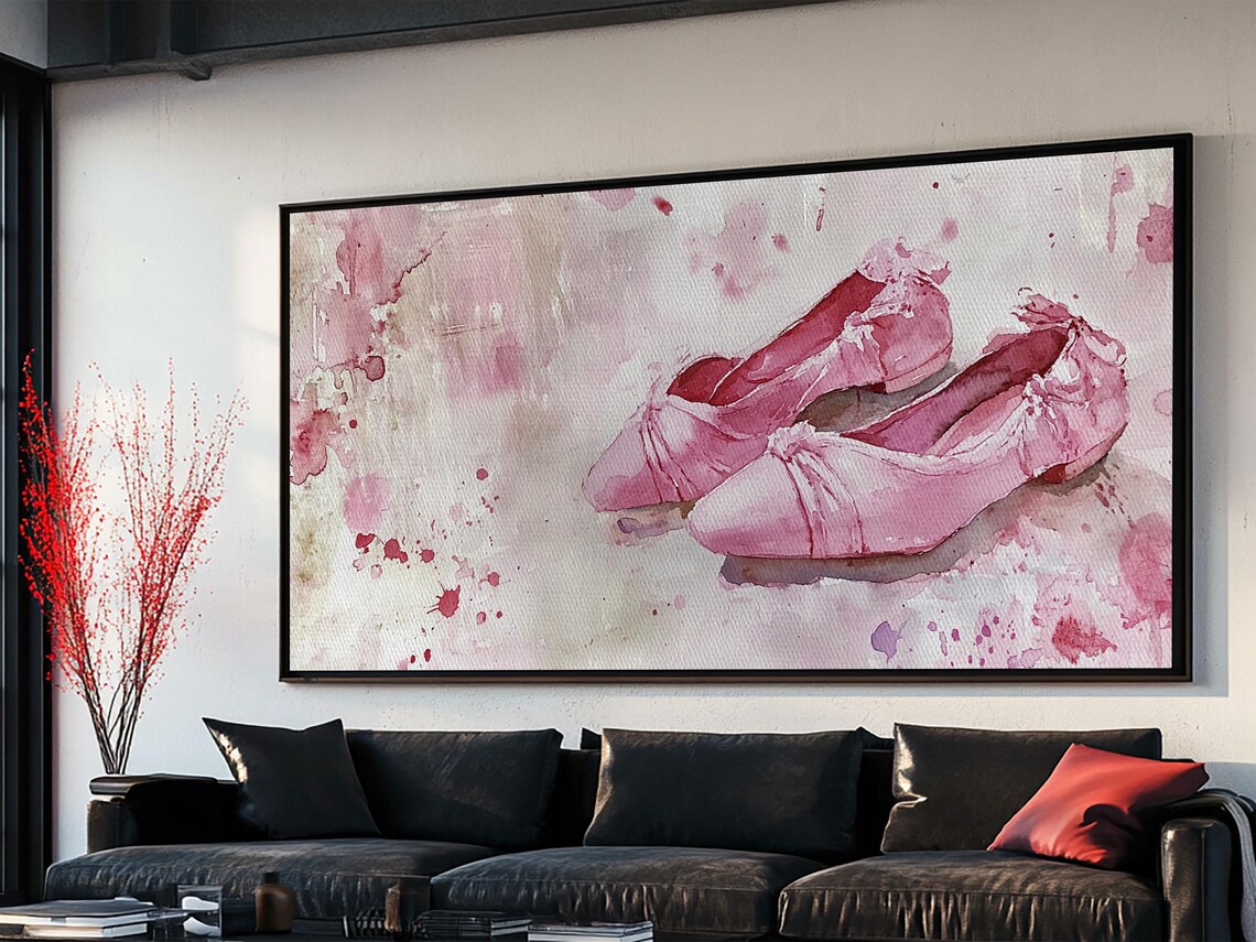 Pink Ballet Slippers Watercolor Satin Dance Shoes Feminine Panoramic Art - Image 2