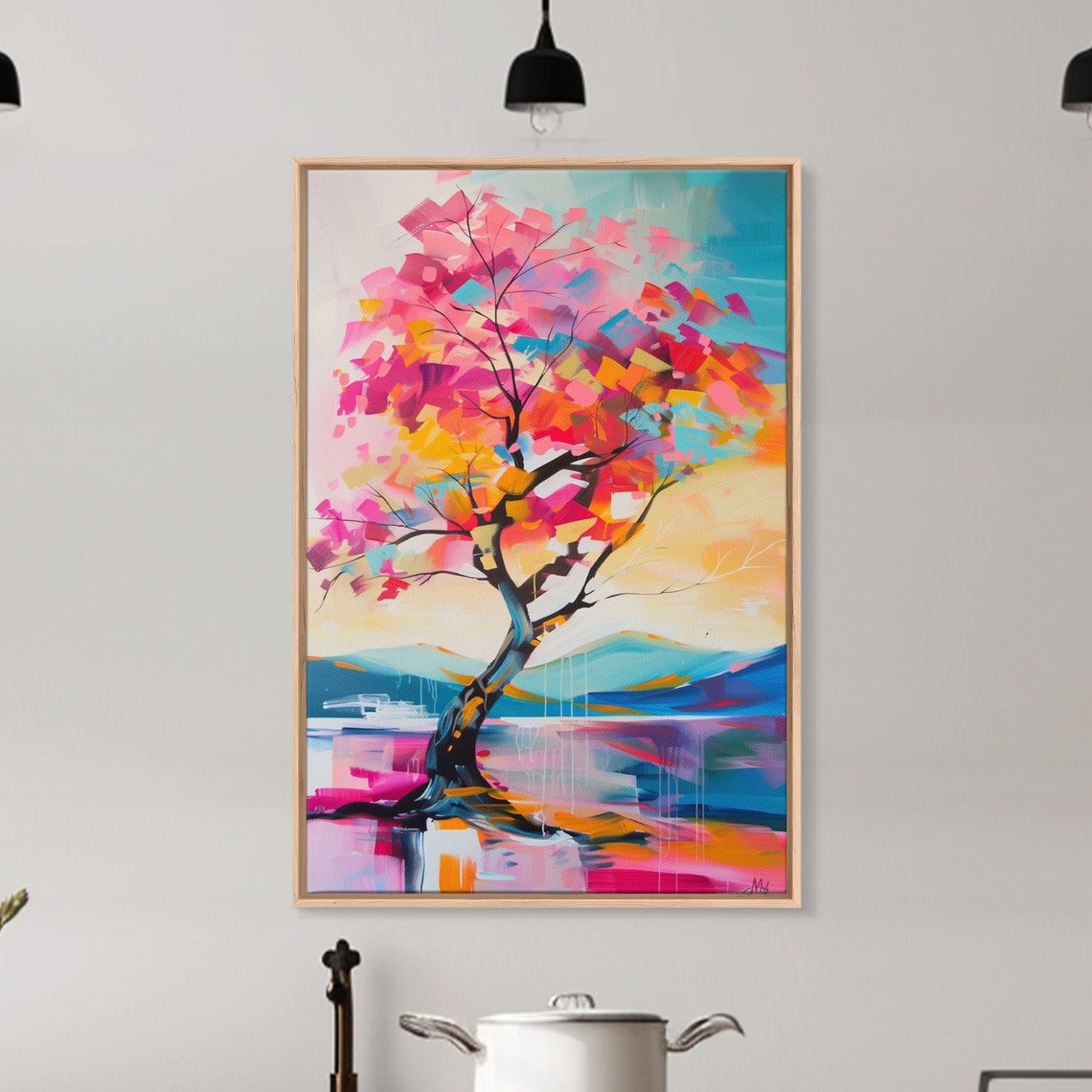 Colorful Windswept Tree By Lake Mountains Sunset Nature Art Poster - Image 4