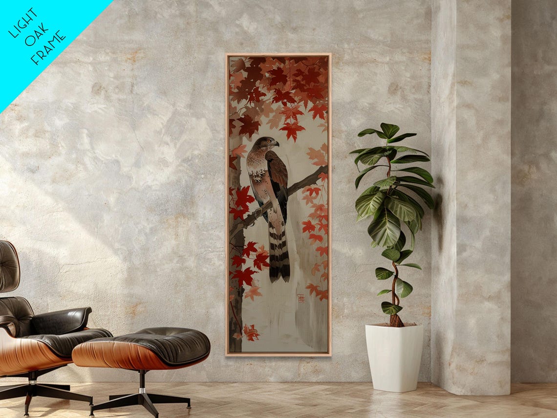 Hawk Perched Among Red Autumn Leaves Japanese Woodblock Style Poster - Image 5