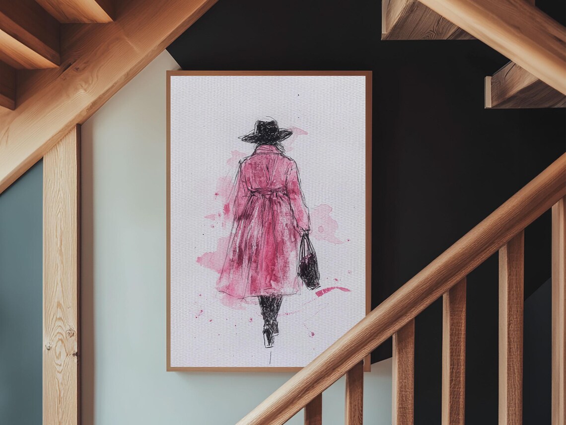 Woman In Pink Coat Fashion Illustration Minimalist Wall Art Print Poster - Image 3