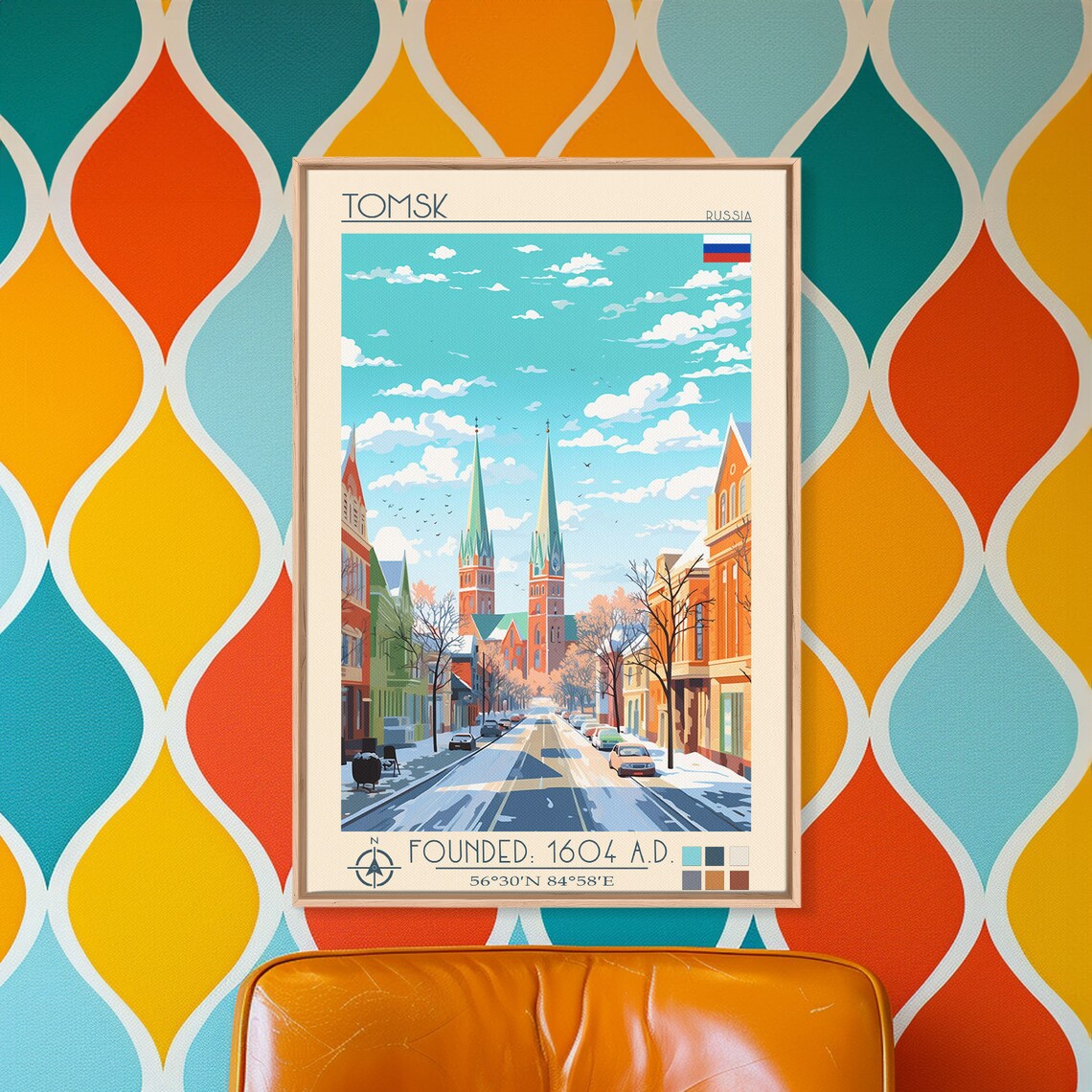 Tomsk Russia Snowy Winter Street Twin Spire Church View Travel Poster