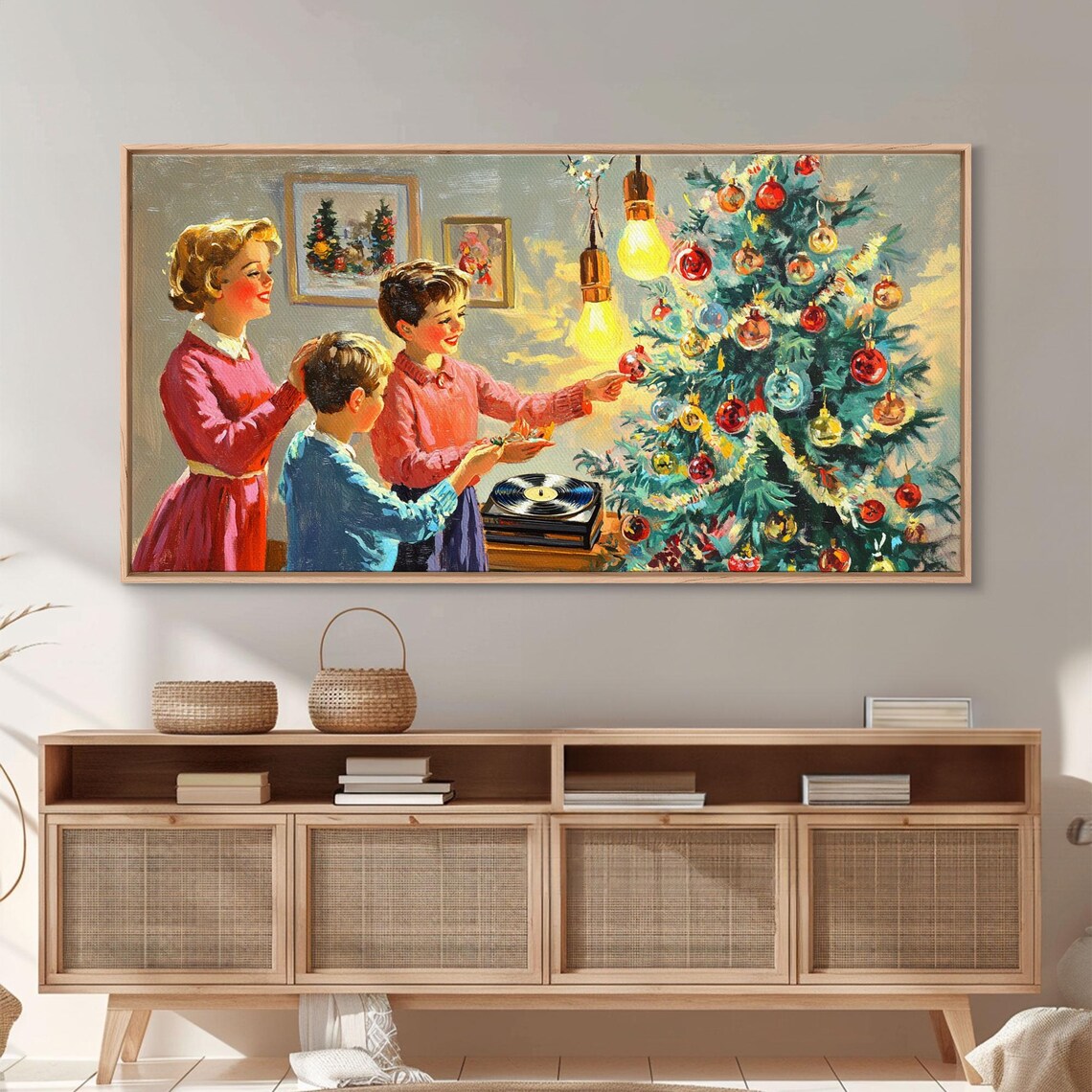 Retro Family Decorating A Bright Christmas Tree Together Art Print - Image 6