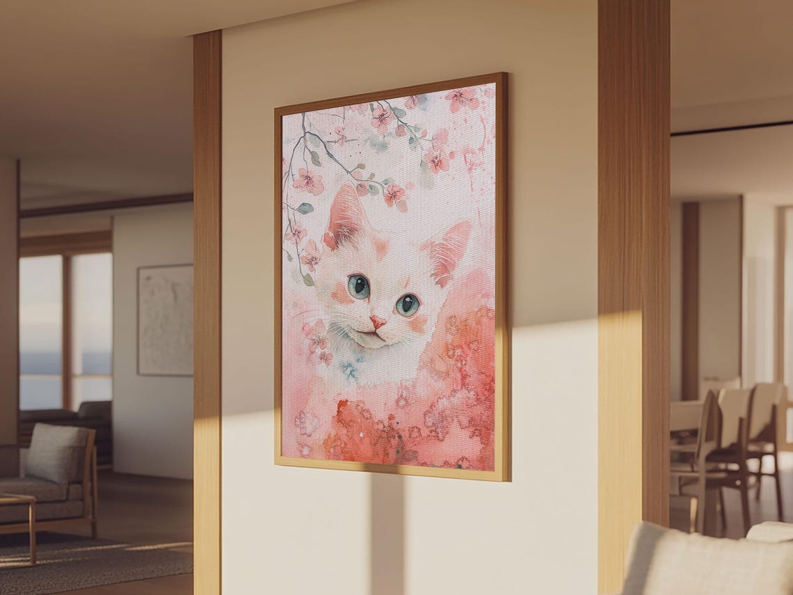 White Kitten Cherry Blossom Watercolor Cute Cat Nursery Art Poster - Image 3