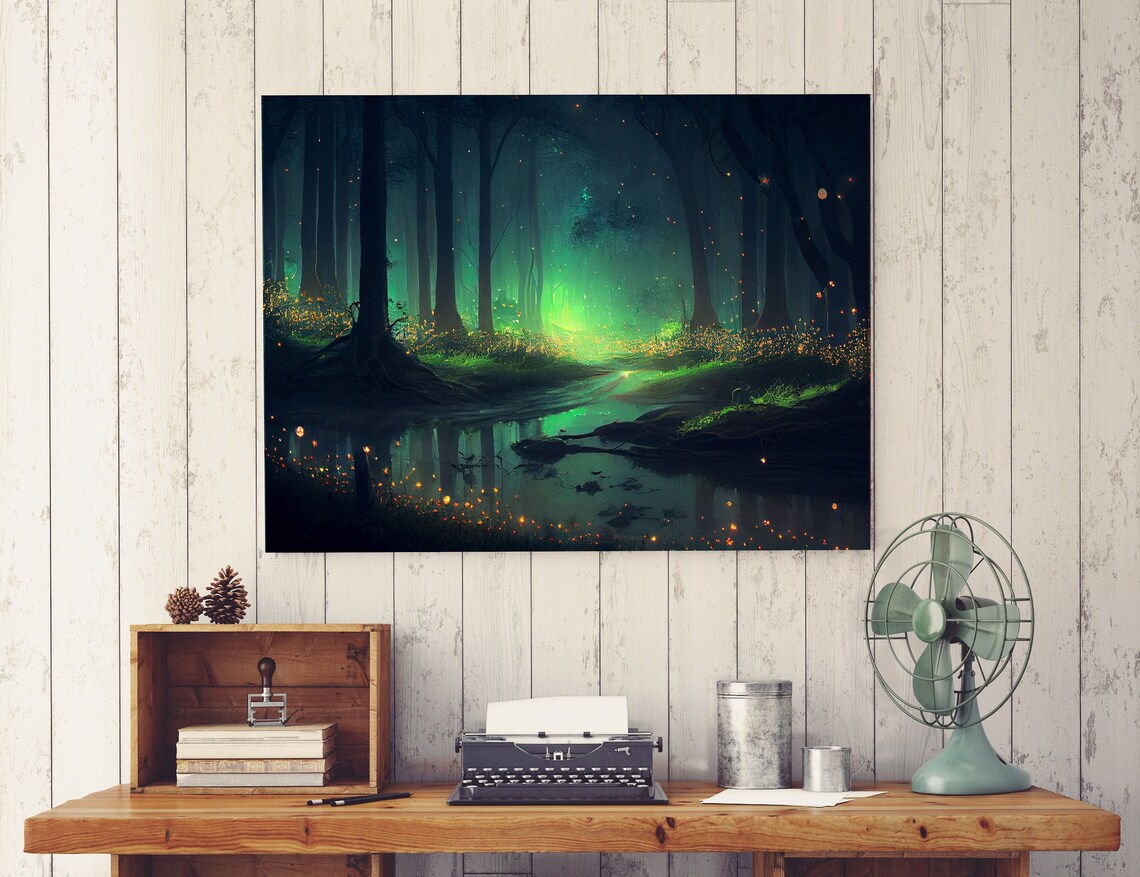 Fireflies In Forest Swamp Night, Nature Art Print