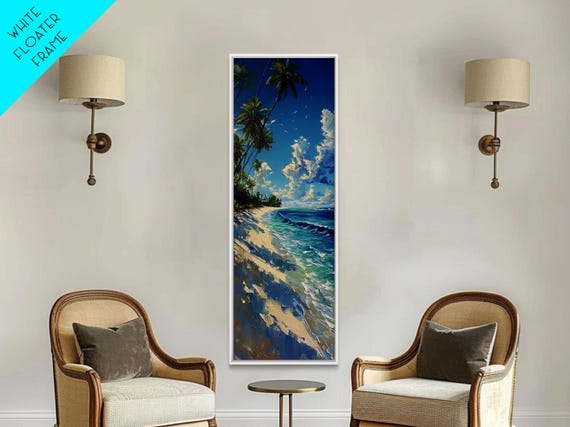 Tropical Beach Paradise With Swaying Palms Boho And Farmhouse Art For Coastal Decor Tall Print In Minimalist Style