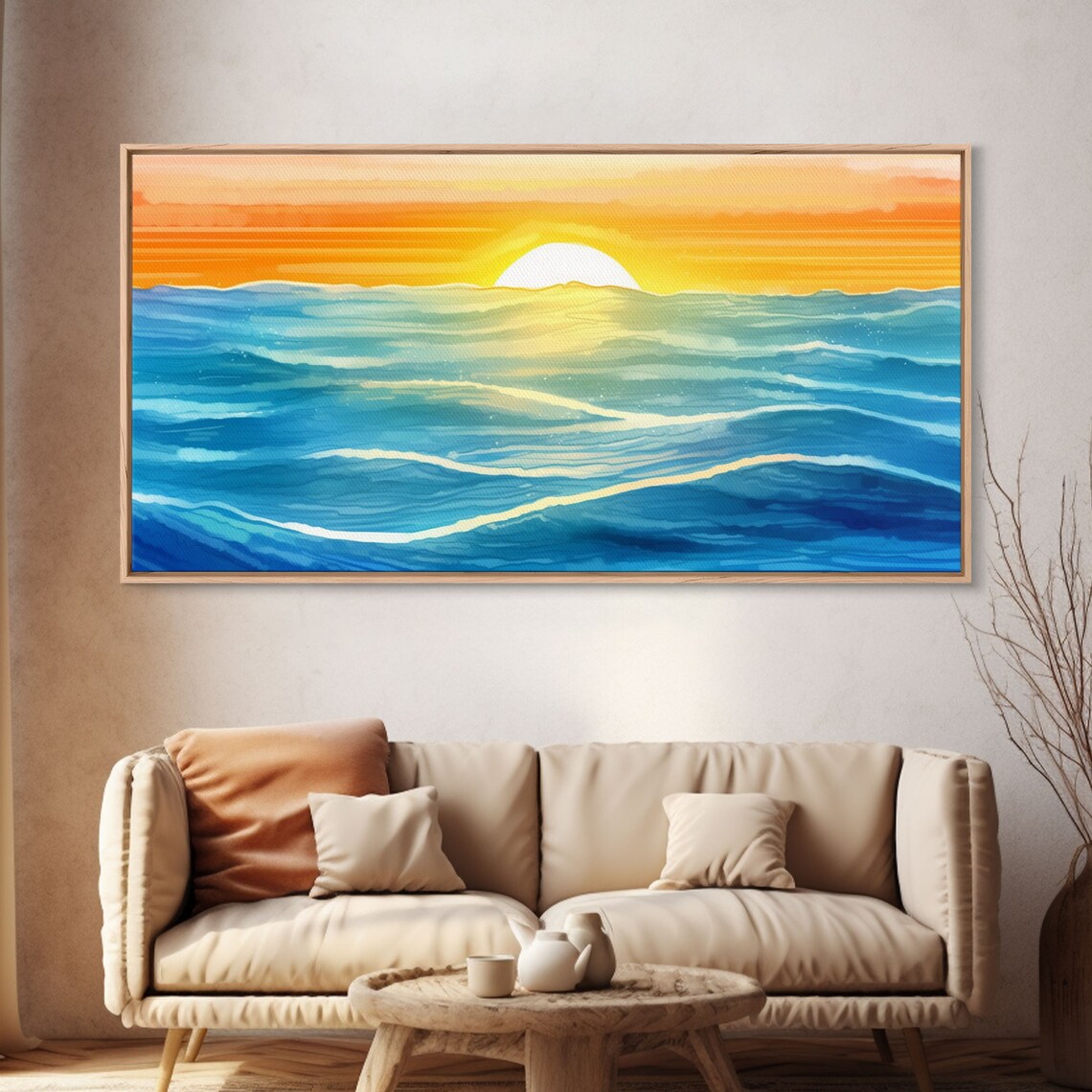 Ocean Sunset Waves Blue Sea Horizon Golden Sun Painterly Coastal Wall Art Poster - Image 4