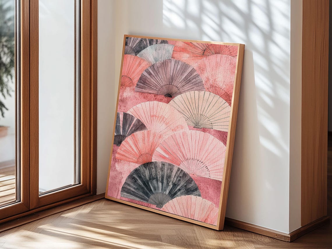 Pink Floral Folding Fans Japanese Chinoiserie Elegant Decor Wall Art - Image 6