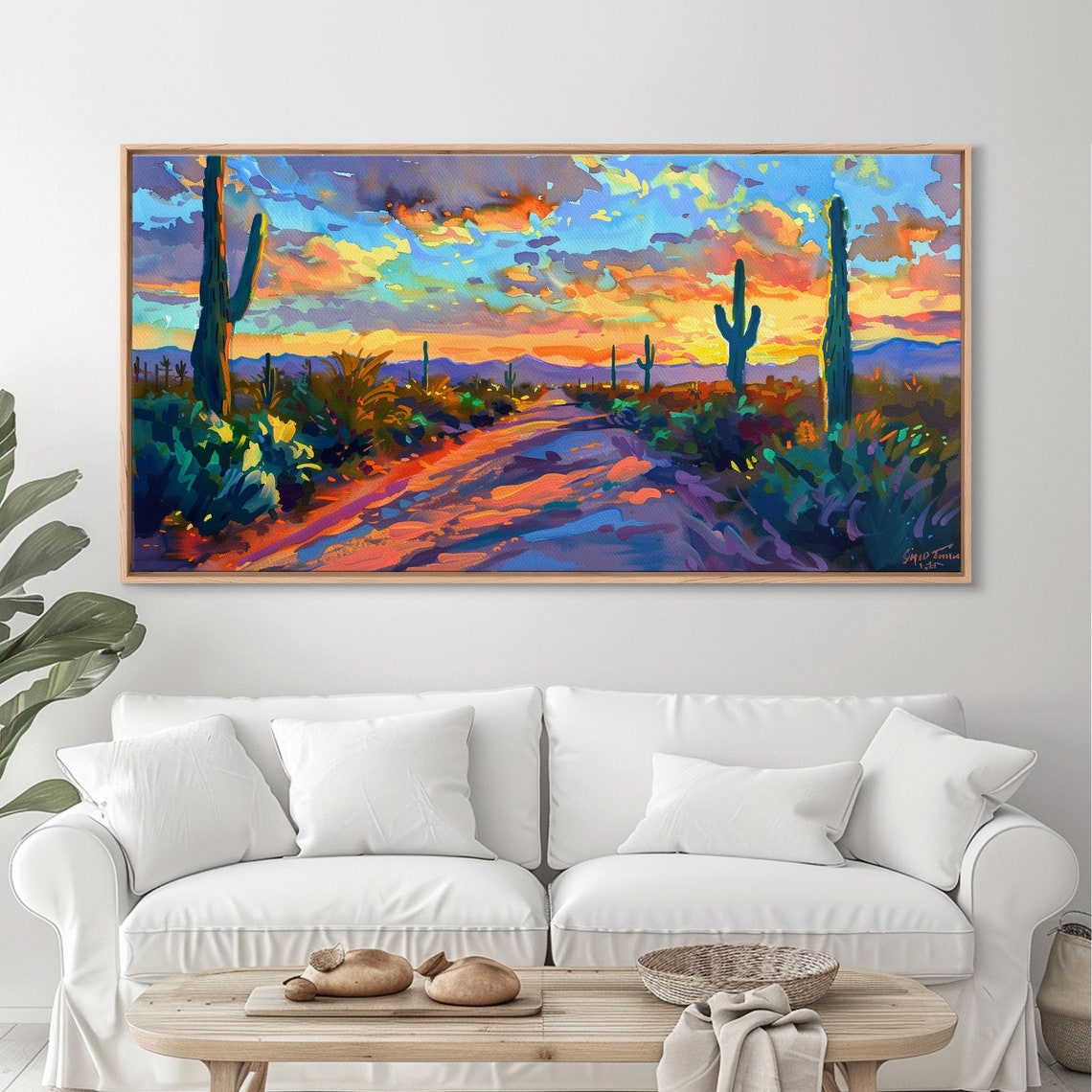 Southwest Desert Road Sunset Saguaro Cacti Mountain View Art Poster