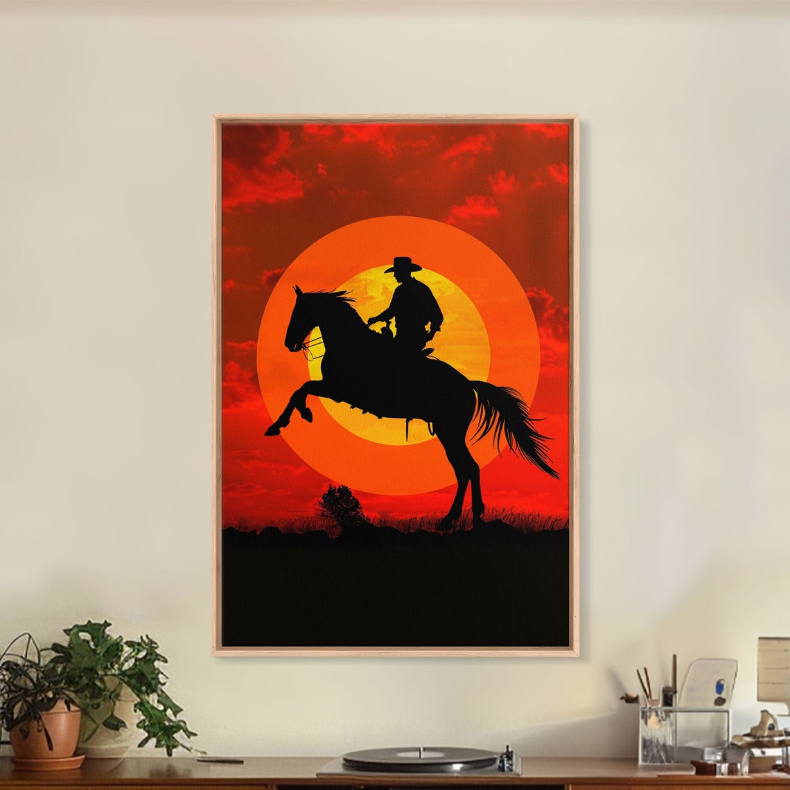 Cowboy Silhouette On Horseback Giant Sunset Western Wall Art - Image 5