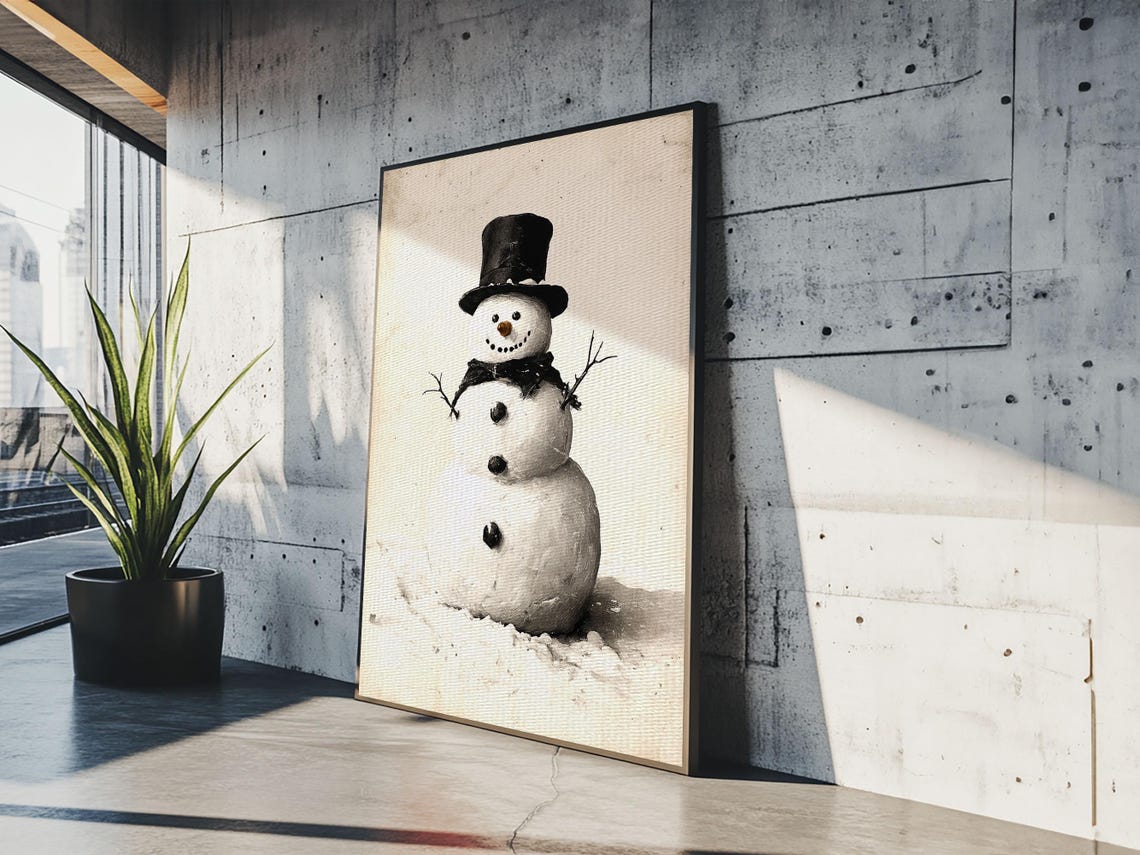 Vintage Snowman With Top Hat Painting Rustic Winter Holiday Poster - Image 3