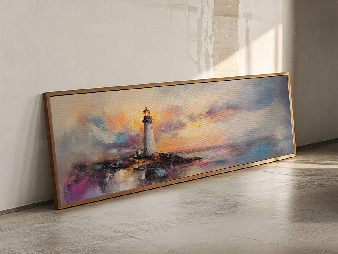 Lighthouse Sunset Panoramic Painting Rocky Coast Pastel Sky Nautical Scene Poster - Image 2