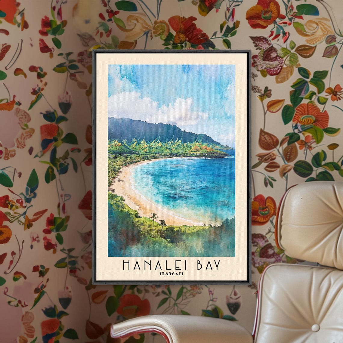 Hanalei Bay Hawaii Watercolor Beach Print Vacation Gift Hawaii Wall Art Framed Print Framed Beach Painting - Image 2