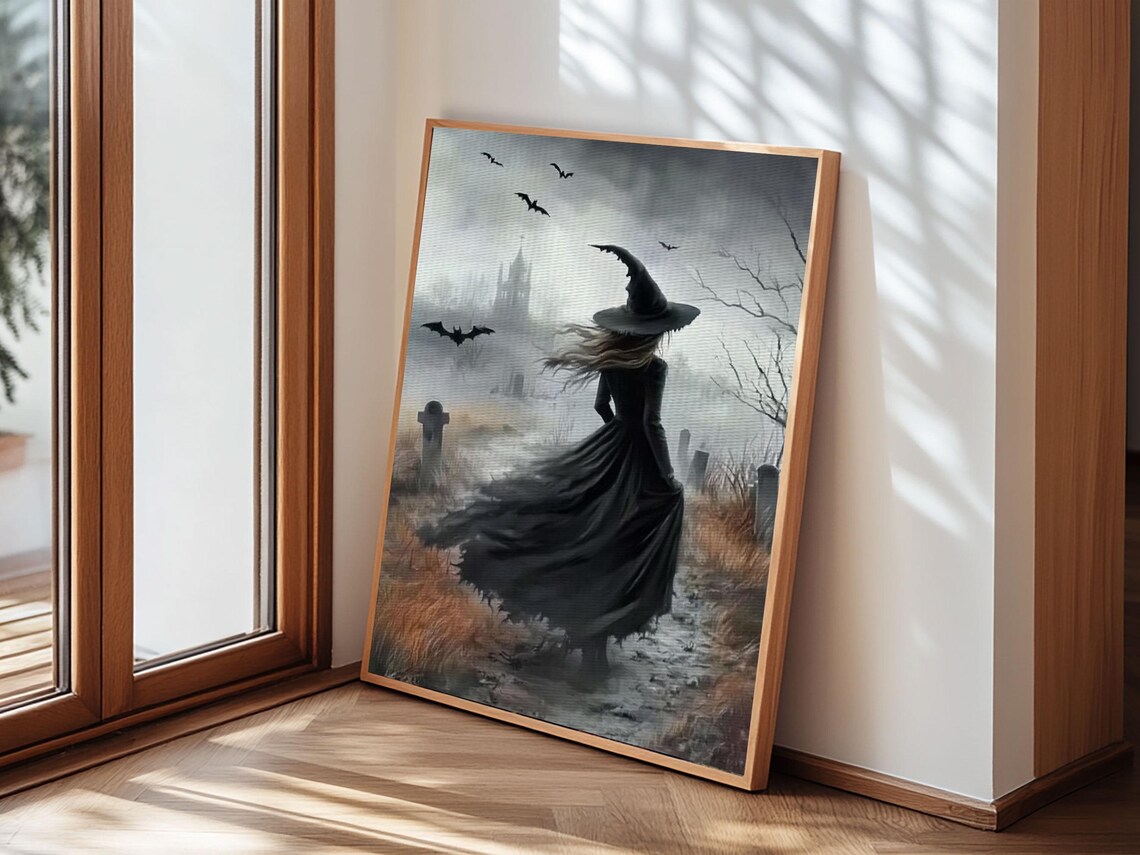 Witch In Foggy Graveyard Bats Gothic Tombstone Dark Halloween Art Poster - Image 5