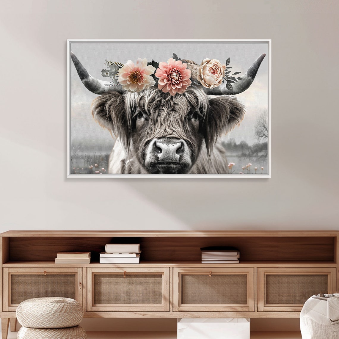 Cute Framed Wall Art Cute Cow Wearing Flowers Farmhouse Decor Farmhouse Wall At Extra Large Boho Decor Minimalist Modern Art - Image 4