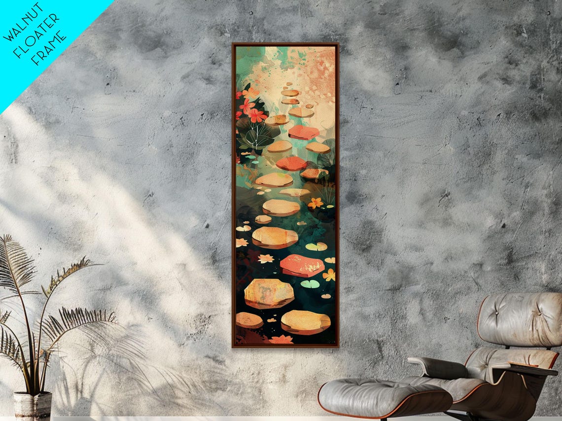 Stepping Stones Pond Red Leaves Water Lilies Japanese Art Poster