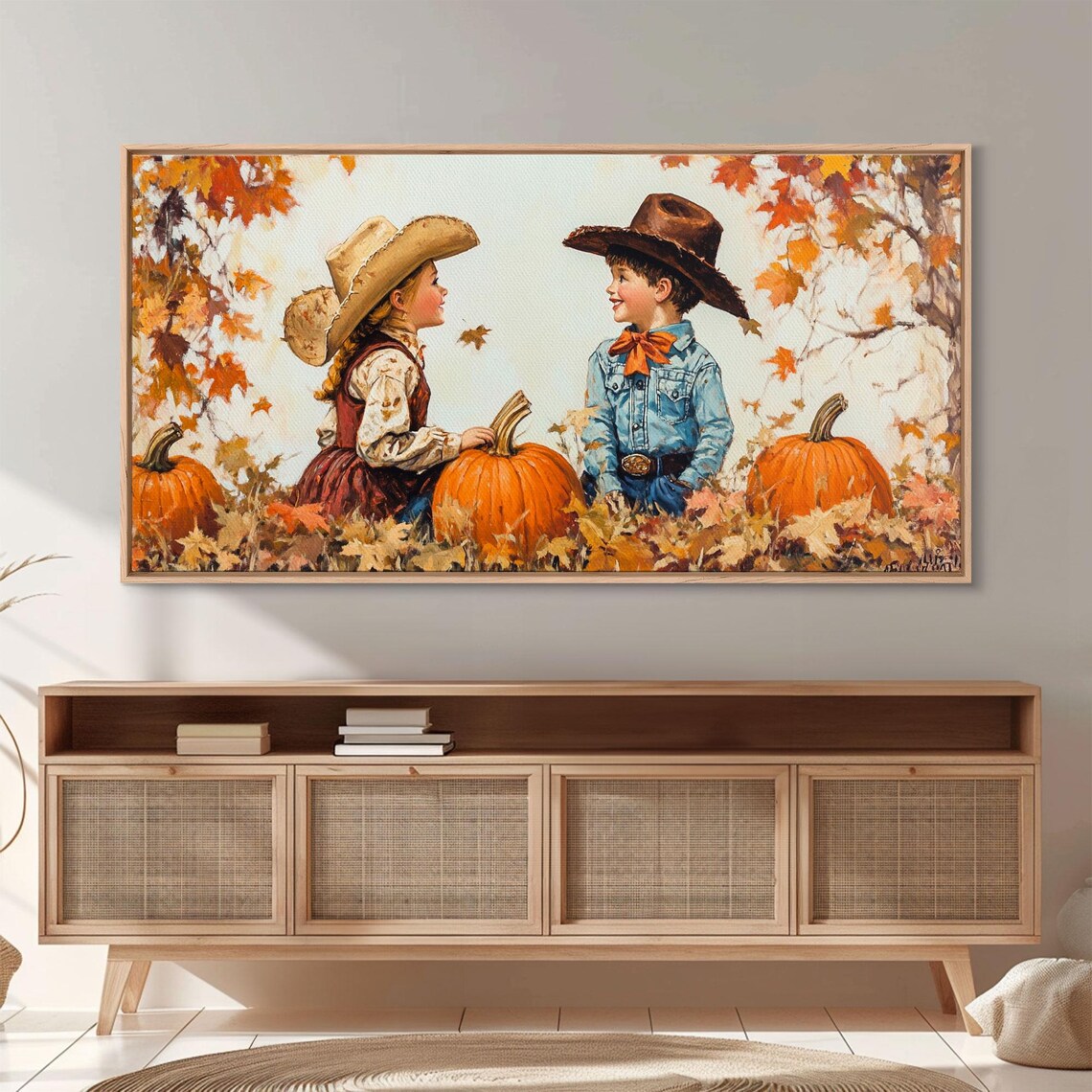 Cowboy Cowgirl Kids In A Pumpkin Patch Vintage Fall Art Print - Image 4